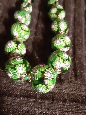 Murano Green Floral Millefiori Bead Necklace 11.5" DROP